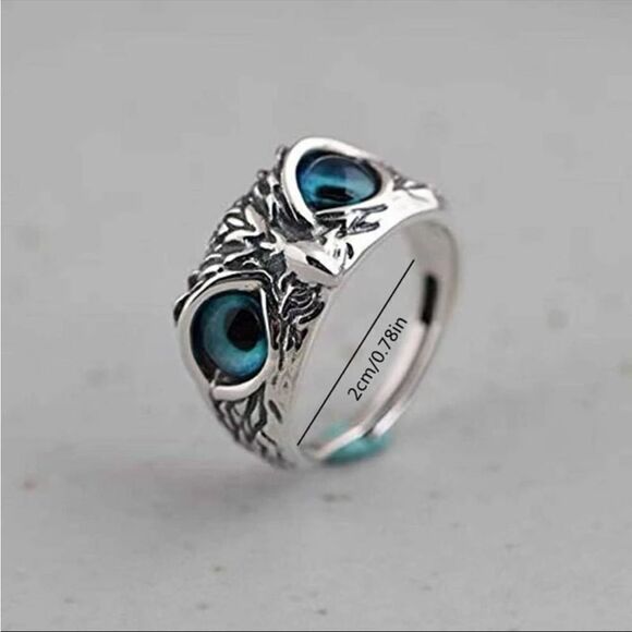 Retro Blue Eye Owl Open Ring, Exaggerated Animal Adjustable Finger Ring - Picture 6 of 12